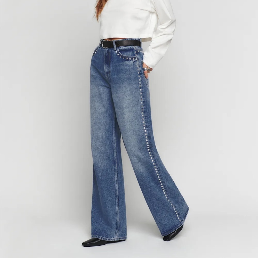 Reformation Cary High Rise Slouchy Wide Leg Jeans with Studs